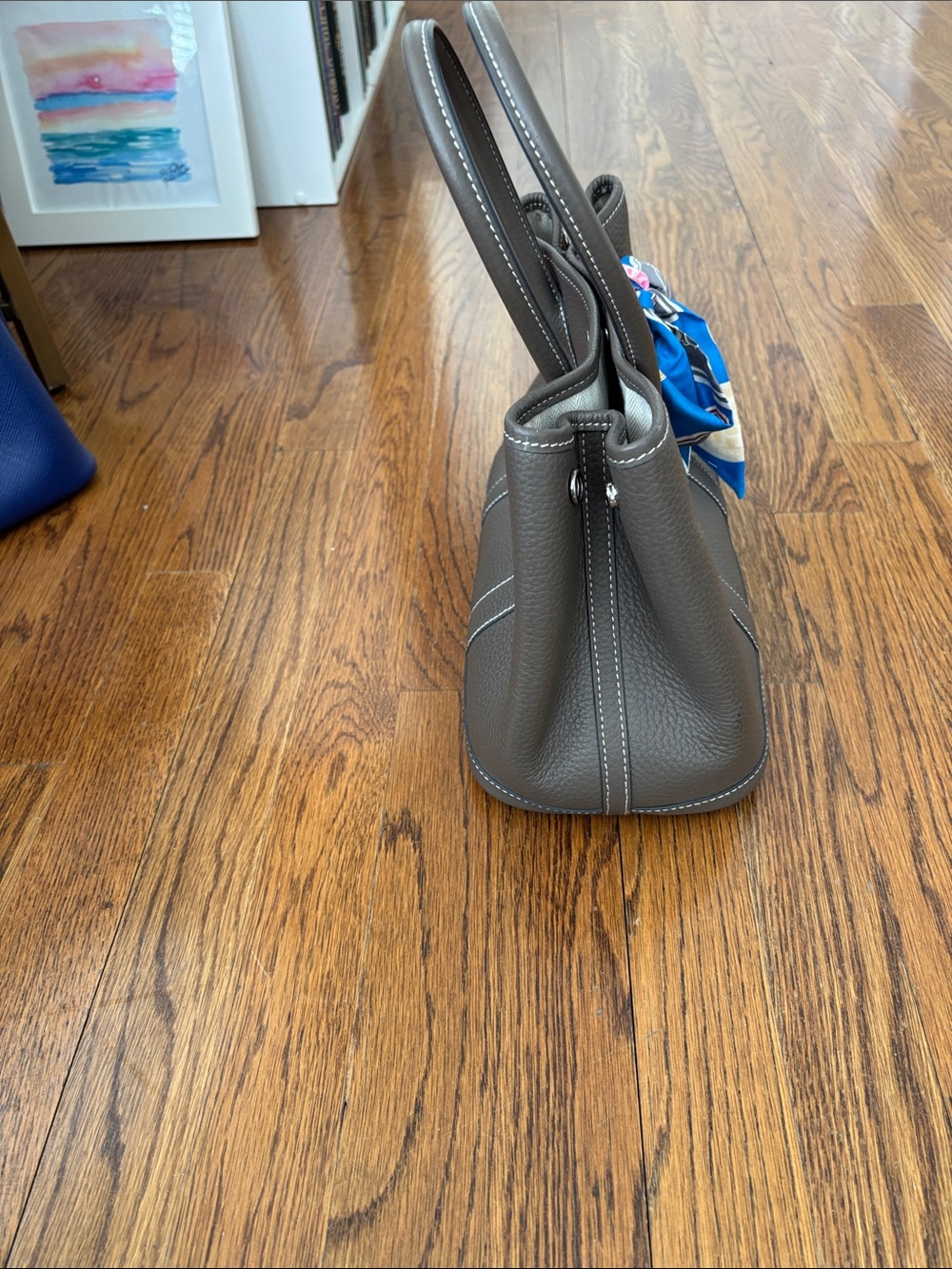 Hermes Gray Pebbled Leather Tote with Blue Accent Scarf - Picture 6 of 9